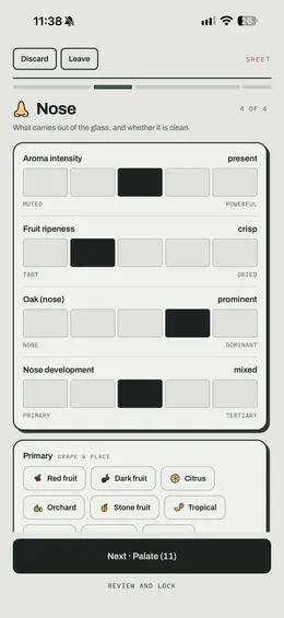 Blind Taste app: the Nose card of the tasting sheet, with aroma intensity, fruit ripeness, oak and development marked