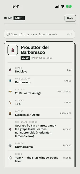 Blind Taste app: the bottle card, each fact tagged LAW, LABEL, PRODUCER, DISCOVERED or RECORD
